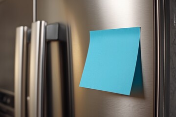 Poster - blank blue sticky note is attached to refrigerator door, adding pop of color to sleek stainless steel surface. This simple yet effective detail enhances kitchens modern aesthetic 