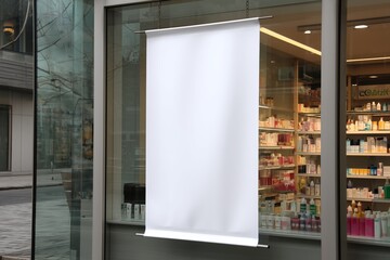 Poster - Blank white banner hangs on pharmacy store window. Store interior is visible through the glass. Possible advertisement or promotion. Location is likely a local pharmacy or cosmetics store