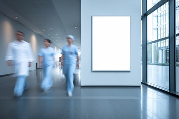 Poster - Blank white poster frame on the wall of an hospital interior, doctors and nurses in motion blur walk, window light from outside 