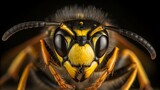 Extreme close up of a yellow jacket wasp face with black background