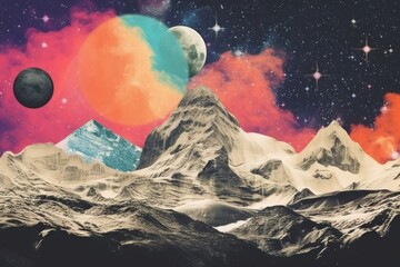 Wall Mural - collage retro dreamy alpine backdrop astronomy space mountain.