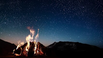 Wall Mural - a bonfire burns at night against the background of mountains and sea with bright stars..