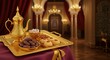 © Fakih_art - Luxurious Ramadan Feast: Golden Tray of Dates, Nuts, and Sweets in an Opulent Palace Setting