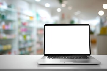 Poster - laptop with blank white screen. Background blurred white desk pharmacy shop