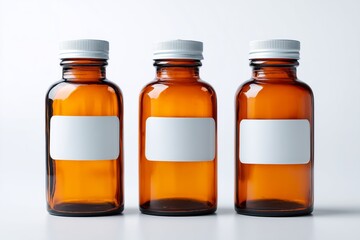 Poster - Three amber glass bottles with white lids and blank labels on a white background. 