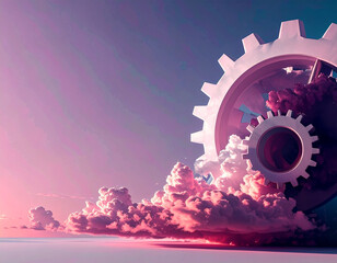 Poster - Mechanism in motion industrial gears against a dreamy sky surreal visual art abstract landscape unique perspective