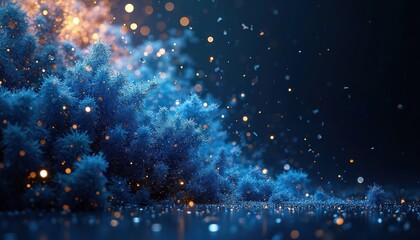 Poster - Abstract illustration of blue, gold confetti explosion. Glittering particles, festive design. Festive illustration creates magical atmosphere with sparkling bokeh lights. Perfect for New Year,