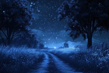 Wall Mural - night sky star. dark blue sky full of stars over tree-filled landscape