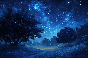 Wall Mural - night sky star. starry blue night sky above field of trees with milky way