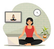 © Alwie99d - Home Yoga concept. Woman Practicing Yoga at Home With Online Virtual Class on Laptop.