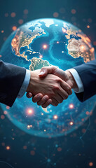Poster - Handshake over digital earth with network connections. Global business partnership, technological advancement. Concepts include international trade, finance, digital transformation, worldwide
