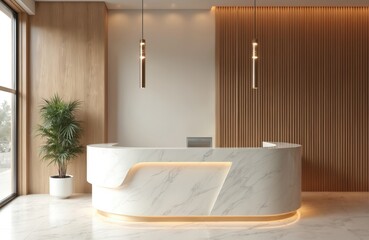 Poster - Modern hotel lobby spa reception area with marble counter, wooden walls, decorative lights. Minimalist interior design, luxury style. Empty, nobody. Suitable for beauty salon, medical clinic, office,