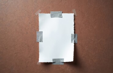 Aufkleber - Torn paper sheet attached brown wall, mockup template. Blank white paper with tear-off edges fixed with tape, advertisement, announcement design. Copy space for your message, promotion.