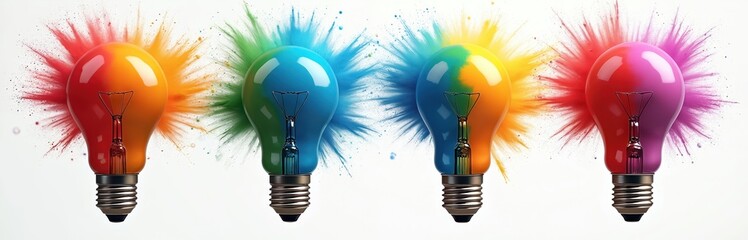 Poster - 3d light bulb explodes rainbow color powder splash on transparency background. Creative concept idea, inspiration, innovation. Symbols electricity, energy. Isolated design element, perfect for tech,