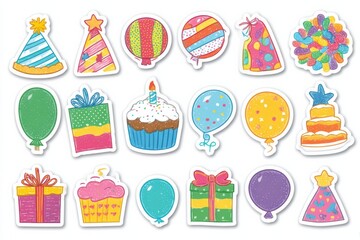 Aufkleber - Colorful Festive Sticker Set Ideal for Birthday or Party Decorations Featuring Hats, Balloons, Gifts, and Treats