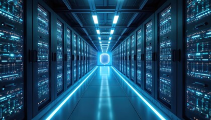 Aufkleber - Server room rows of servers, enhanced with AI technology. Network infrastructure, computer hardware, digital cyberspace data storage. Data processing, communication innovation in modern data center.