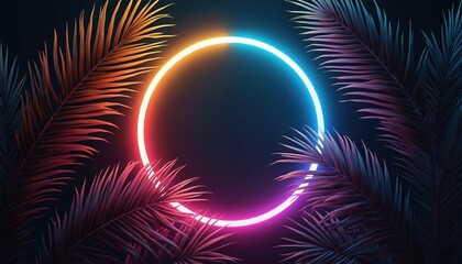 Poster - Neon glowing circle ring in palm leaves on tropical dark background. Blue purple yellow green colors. Glowing linear volumetric neon round circle. Ideal for party, summer banner.