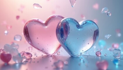 Aufkleber - 3D rendering Valentines Day background features glossy heart shapes, ice crystals. Translucent blue glossy shapes, romantic gradient light. Love banner, greeting cards design, wedding decor.