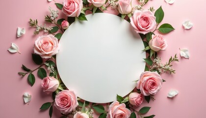 Poster - Top view of white circle surrounded by delicate pink roses green foliage. Soft pink background offers ample copy space. Perfect for wedding invitations greeting cards romantic designs.