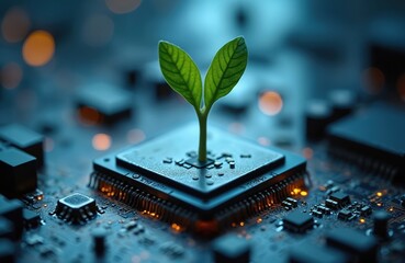 Poster - Green sprout grows from microchip on computer processor. Modern tech meets nature, symbolizes eco-friendly tech, sustainable development, green energy, artificial intelligence, innovation.