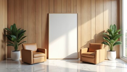 Aufkleber - Minimalist room design with two modern chairs, large blank canvas on wood-paneled wall. Potted plants on shiny marble floor. Soft sunlight. Perfect for home decor, art, interior design, living room