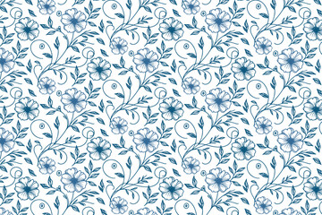  continuous seamless flower line design in blue, cotton floral textile artwork, fabric pattern for kitchen, apparel and bags

