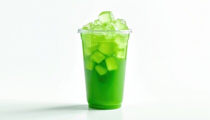 Poster - Green drink in tall clear plastic glass with ice cubes overflowing on white background. Refreshing cold beverage. Ideal for product placement, drink promotion, cocktail menu design, summer vibes, hot
