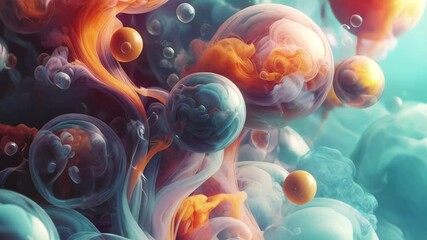Aufkleber - Abstract animation of smoothly moving spherical shapes surrounded by clouds of translucent smoke. Bright bursts of orange and blue create a sense of cosmic matter and magical motion