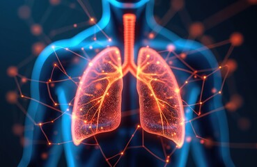 Aufkleber - Illustration of human lungs with neural connections on neon background. Concept of innovation, medical tech. Digital image of lungs shows health tech, innovation in diagnostics, medicine. Perfect for