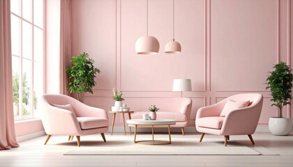 Aufkleber - The cozy living room features pink walls and stylish matching furniture set.