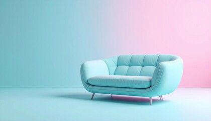 Poster - An elegant turquoise sofa sits against a split pink and blue background.