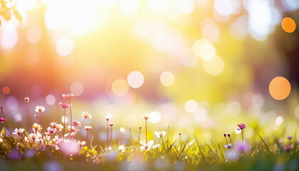 Aufkleber - Sunbeams illuminate tiny wildflowers blooming vibrantly in a sp meadow