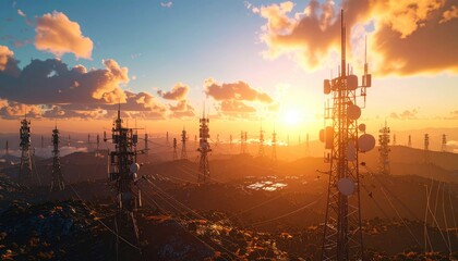 Poster - Telecommunication towers stand in mountainous landscape at golden sunset.