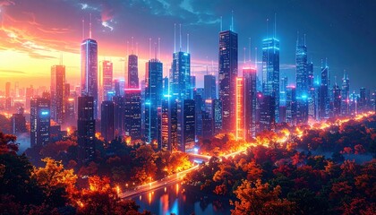 Poster - A sprawling city skyline glows with vibrant neon colors at dusk or dawn.