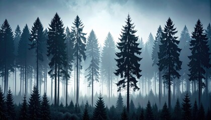 Poster - Misty evergreen trees stand tall in a dark and atmospheric pine forest.