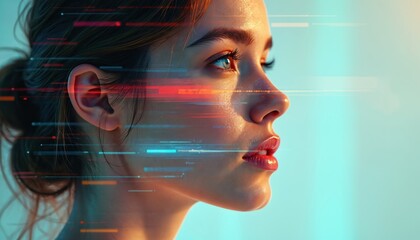 Poster - Portrait woman face digital glitch art effect. Abstract artwork features modern technology, visual disruption, colorful patterns. Creative design shows vibrant style. Artistic concept.