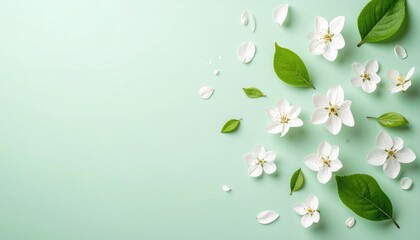 Poster - Delicate white blossoms and green leaves are scattered on a mint background.