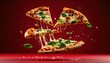 © Phanupong - Delicious looking pizza slices float on a red background with basil leaves.