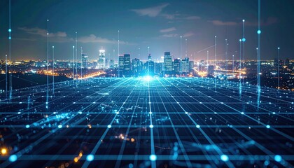 Aufkleber - Glowing digital network connects the modern city skyline in the future world.