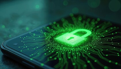 Aufkleber - Smartphone screen with glowing padlock circuit design. Concept of data security mobile app, end-to-end encryption, privacy protection. Digital safety internet, secure communication, cyber security