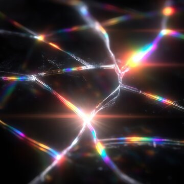 Shattered pattern of light, fractured with prismatic beams on a black backdrop, ethereal and captivating