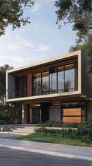 Aufkleber - Modern Residence Amidst Verdant Trees: A contemporary architectural marvel, with clean lines and expansive glass windows, is nestled amidst the tranquil embrace of mature trees and lush foliage.