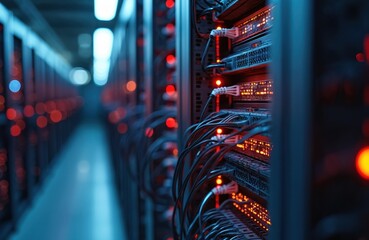 Aufkleber - Server room security with network hardware. Data center with rack servers, cables, internet, ethernet ports, led lights, computer mainframes. Modern tech, data processing, cloud computing, internet
