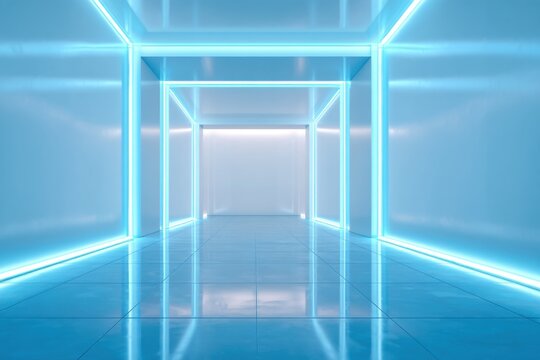 Glowing tunnel. A bright, clean tunnel with square frame outlines illuminated in neon blue, with reflective floor tiles and white walls