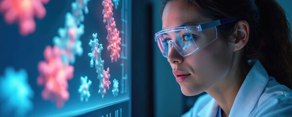 Aufkleber - Scientist studies protein structures on computer screen, explores potential drug targets. Woman in lab coat wearing protective glasses analyzes 3D molecular models. Biotech, research, healthcare,