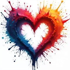 Poster - Colorful paint splash heart shape on white background. Illustration, watercolor style for Valentine Day, romantic greeting card, art, design, love symbol. Artistic texture, paint drops. Happy
