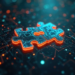 Poster - Two puzzle pieces interconnected on circuit board, symbolizing AI integration in business data management. Circuit board background with neon lights, highlighting tech, digital, electronic synergy.