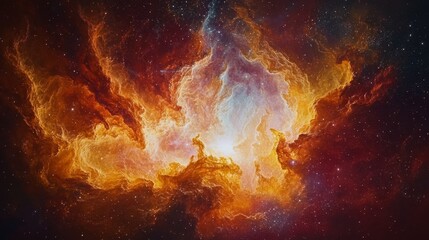 Wall Mural - fiery nebula in warm hues, cosmic dust clouds create abstract shape, universe background