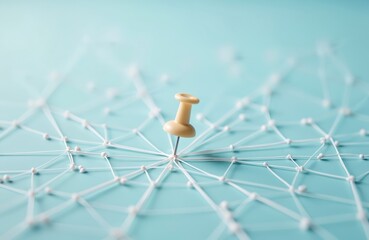 Poster - Pin center network connection. White thread lines form web. Abstract concept business strategy, communication, teamwork. Minimalist design on blue background. Represents connection, integration, data