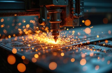 Poster - Metal cutting machine operates with flying sparks. Industrial laser cutter in action, precise metalworking, automated manufacturing. Close-up view of sparks, metal surface during fabrication process.